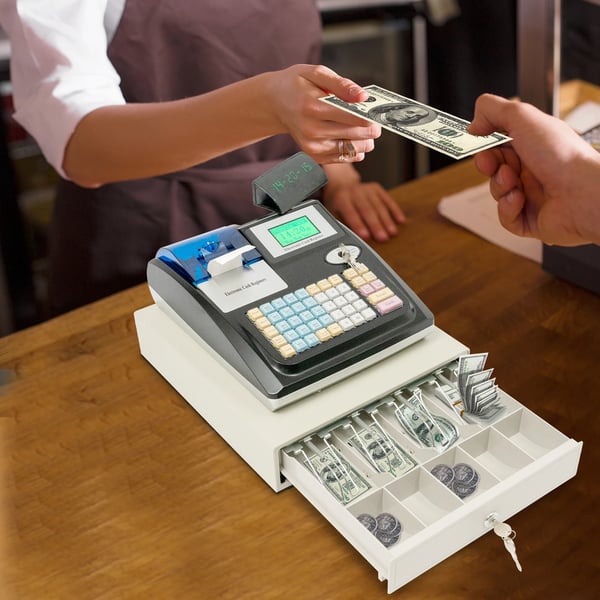 Elektronisk kasseapparat - POS-system - 48 Taster - LED-display - Termisk kvitteringsprinter - Flere betalingsmetoder - Hvid