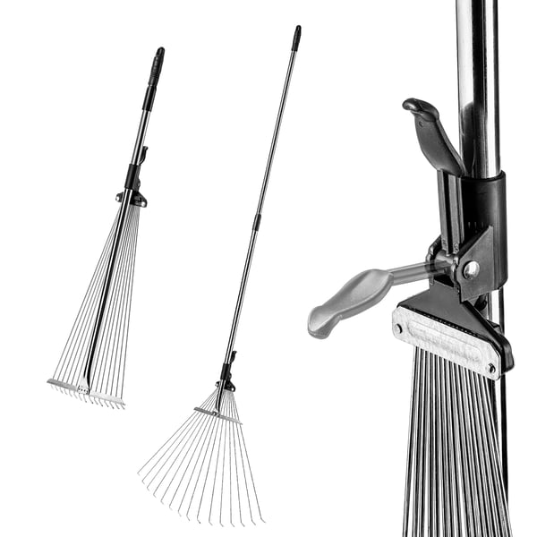 Metal løvrive - Teleskoprive - Vifteformet hoved - Til græs og blade - Justerbar 78–166 cm