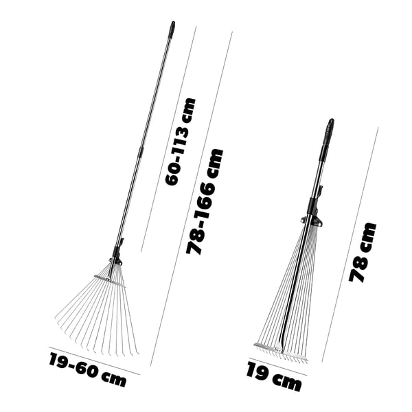 Metal løvrive - Teleskoprive - Vifteformet hoved - Til græs og blade - Justerbar 78–166 cm