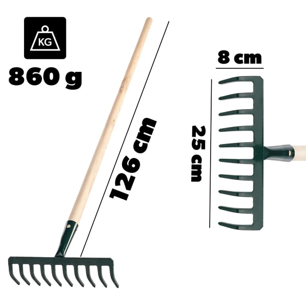 Haverive - 10-tands jordsrive - Træskaft - Metaltænder - 126 cm - Til blade, græs og jord