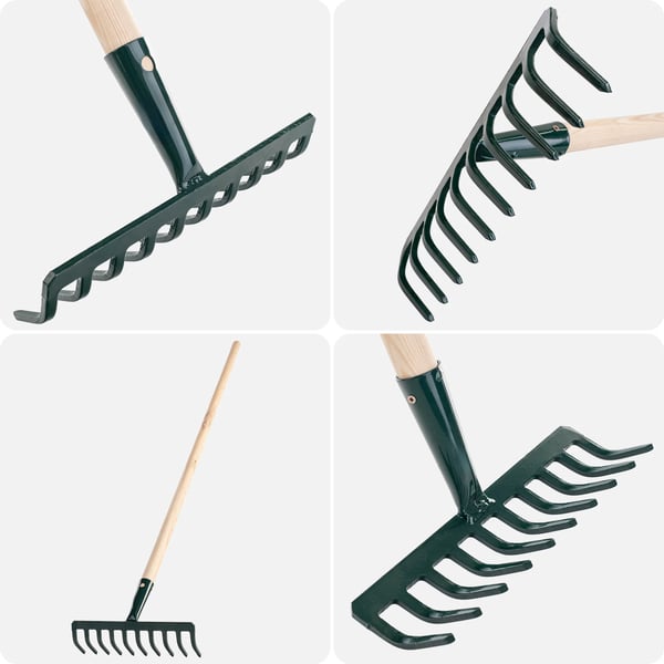 Haverive - 10-tands jordsrive - Træskaft - Metaltænder - 126 cm - Til blade, græs og jord