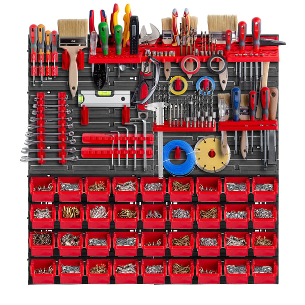 Værktøjstavle/Pegboard - Vægpanel til værksted/garage - 78x78 cm - 59-dele sæt - Kroge & opbevaringsbokse - Rød