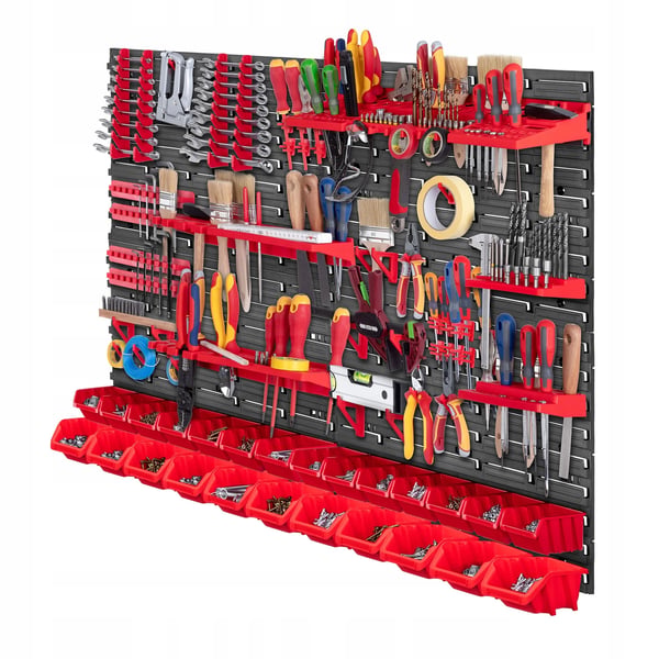Værktøjstavle - Pegboard vægpanel - 116×78 cm - 70-dele sæt - Vægmonteret til værksted/garage - Rød