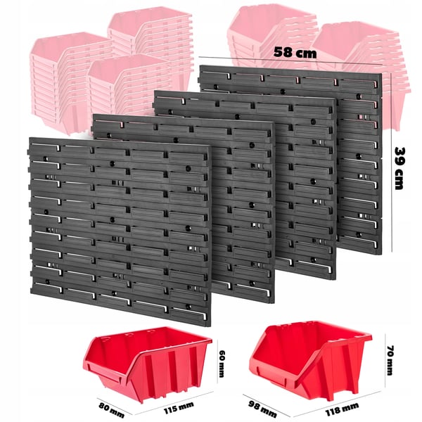 Værktøjstavle - Pegboard vægpanel - 116×78 cm - 70-dele sæt - Vægmonteret til værksted/garage - Rød