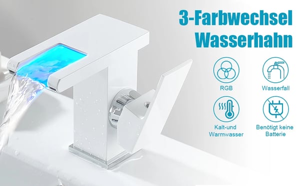 Hvid LED-badeværelsesarmatur, 1-huls, keramisk ventilkerne, messing & rustfrit stål, temperatur-LED fra blå til rød