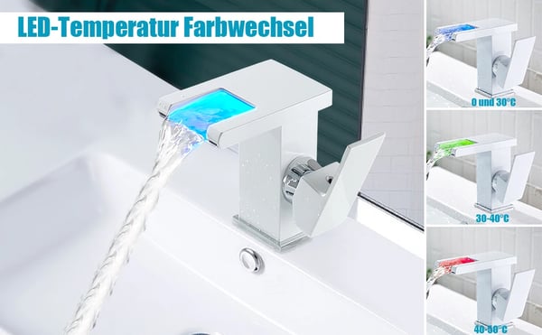 Hvid LED-badeværelsesarmatur, 1-huls, keramisk ventilkerne, messing & rustfrit stål, temperatur-LED fra blå til rød