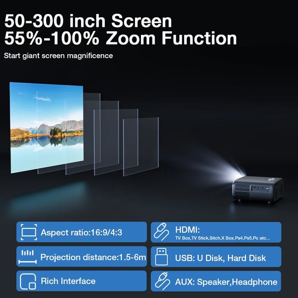 Projektori - Full HD 1080p LCD - 5G WiFi Näytönpeilaus - Automaattinen Trapezoidikorjaus - 260 ANSI Lumenia - Kotiteatteri - CE-Sertifioitu