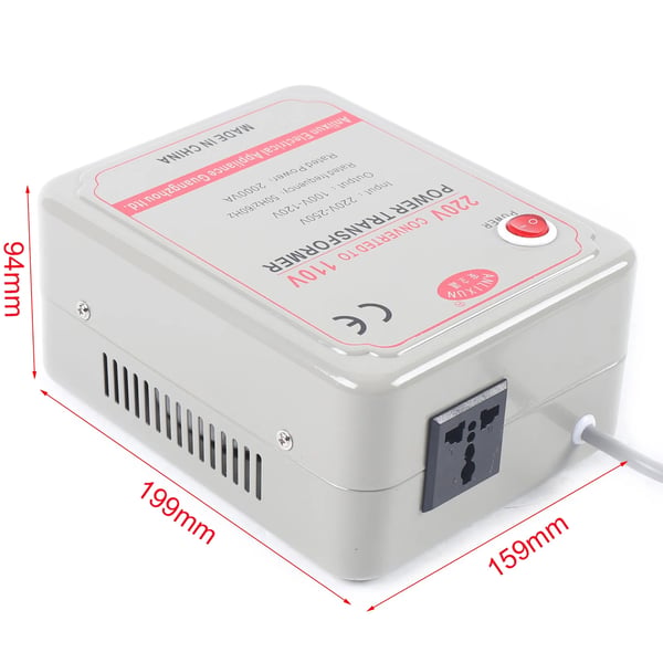 Spændingsomformer - Step-down transformator - 220–250 V til 100–120 V - 2000 W - Til elektronik - Sølv