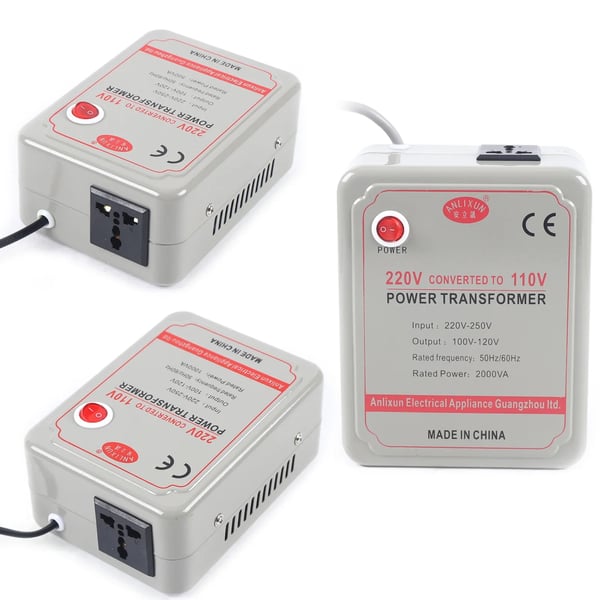 Spændingsomformer - Step-down transformator - 220–250 V til 100–120 V - 2000 W - Til elektronik - Sølv