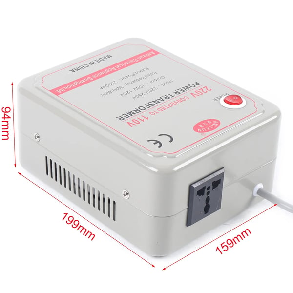 Jännitemuunnin - Alasmuuntaja - 220–250 V -> 100–120 V - 2000 W - Elektroniikalle - Hopea