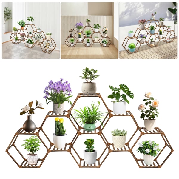Planteholder - Blomsterhylde - 11 Niveauer - Stor Kapacitet - Træ & Plast - Størrelse 231×25×97 cm - Sekskantet Ramme 31×25×51 cm - Slidstærk
