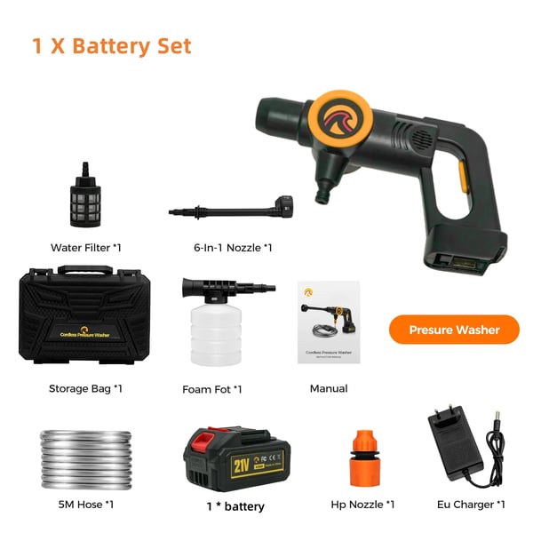 Langaton painepesuri - 21V harjaton pesupistooli - 3000 W - 200 bar - 6-in-1 suutin - 3 nopeutta - 5 m letku - 1x 4,0Ah akku - Kulta