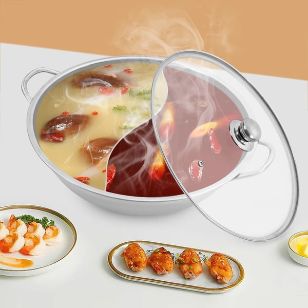 Gryde - Suppegryde - Rustfrit Stål, Non-stick, Med Skillevæg, Til Hotpot/Yuan Yang, 33 cm