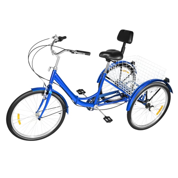 24 tommer trehjulet cykel, foldbar, kulstofstålramme, blå, 7-gear, justerbar højde, med ryglæn og kurv