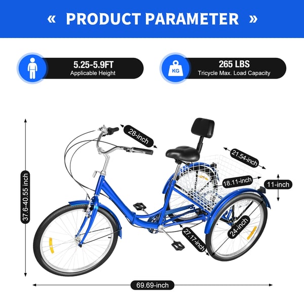 24 tommer trehjulet cykel, foldbar, kulstofstålramme, blå, 7-gear, justerbar højde, med ryglæn og kurv