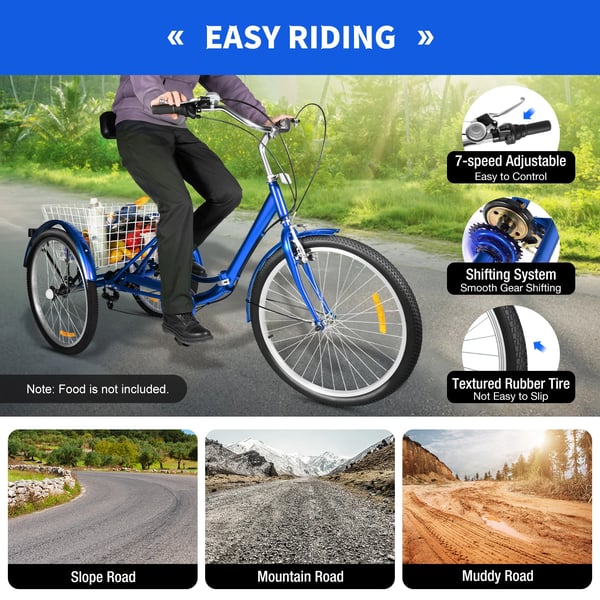 24 tommer trehjulet cykel, foldbar, kulstofstålramme, blå, 7-gear, justerbar højde, med ryglæn og kurv