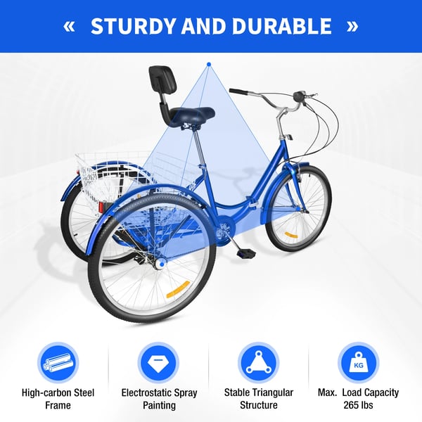 24 tommer trehjulet cykel, foldbar, kulstofstålramme, blå, 7-gear, justerbar højde, med ryglæn og kurv