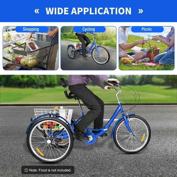 24 tommer trehjulet cykel, foldbar, kulstofstålramme, blå, 7-gear, justerbar højde, med ryglæn og kurv