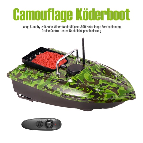 RC agnbåd - Foderbåd - Rækkevidde 500 m - Max belastning 1,5 kg - ABS - Beholder 11,5×14,5 cm - EU-stik 110–240 V - Grøn