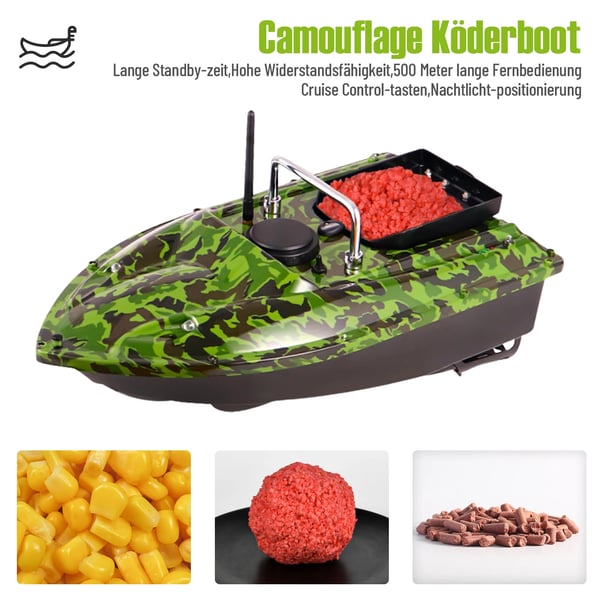 RC agnbåd - Foderbåd - Rækkevidde 500 m - Max belastning 1,5 kg - ABS - Beholder 11,5×14,5 cm - EU-stik 110–240 V - Grøn