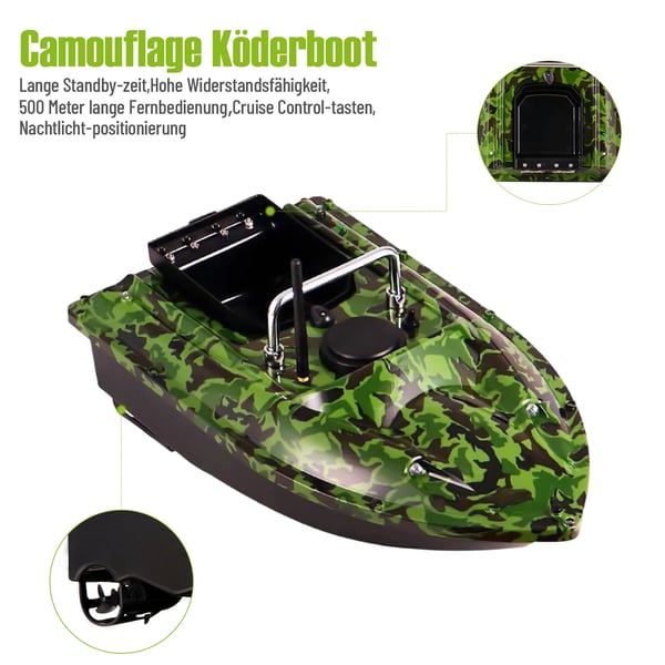 RC agnbåd - Foderbåd - Rækkevidde 500 m - Max belastning 1,5 kg - ABS - Beholder 11,5×14,5 cm - EU-stik 110–240 V - Grøn