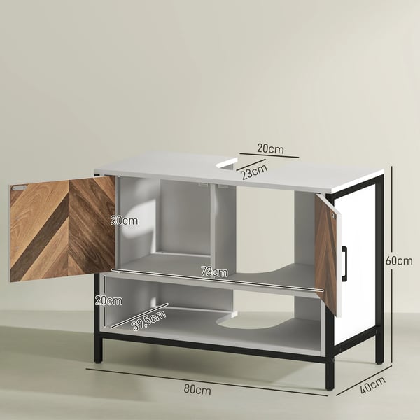 Badrumskommod - Tvättställsskåp - Fristående - 2 Dörrar - Fack - 80 x 40 x 60 cm - Kräm/Valnöt