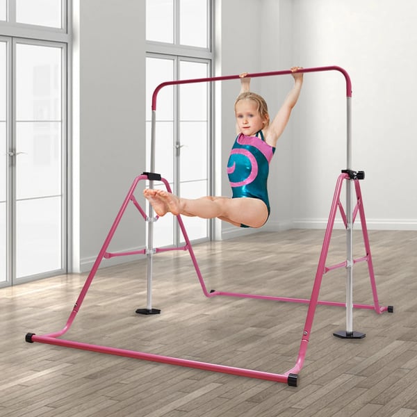 Turnstang/Gymnastikstang til børn - Højdejusterbar 115–155 cm - Sammenklappelig - Stål - Maks. 80 kg statisk/40 kg dynamisk - 107×148 cm - Pink