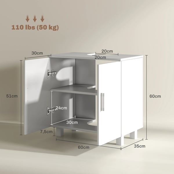Badrumsskåp - Tvättställsskåp - Fristående - 2 Dörrar - 2 Hyllplan - 60×35×60 cm - Vit