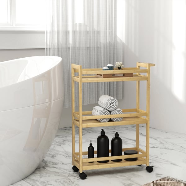 Badrumshylla i bambu - 3 hyllplan - Med hjul - 55 x 20 x 75 cm - Golvstående - Natur