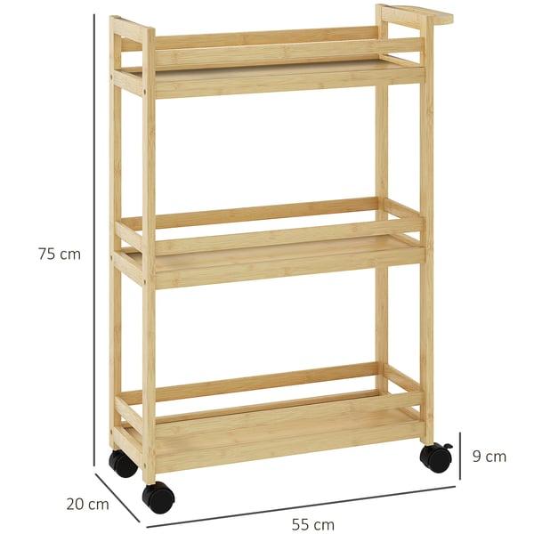 Badrumshylla i bambu - 3 hyllplan - Med hjul - 55 x 20 x 75 cm - Golvstående - Natur