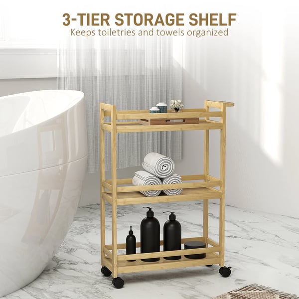 Badrumshylla i bambu - 3 hyllplan - Med hjul - 55 x 20 x 75 cm - Golvstående - Natur