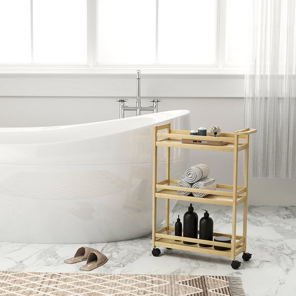 Badrumshylla i bambu - 3 hyllplan - Med hjul - 55 x 20 x 75 cm - Golvstående - Natur