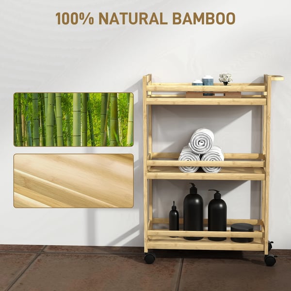 Badrumshylla i bambu - 3 hyllplan - Med hjul - 55 x 20 x 75 cm - Golvstående - Natur