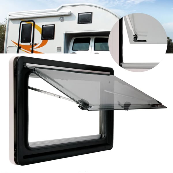 Campingvogn/Autocamper ventilationsvindue - Udsvingende - 450×500 mm - Integreret solskærm - Justerbar 70° - Aluminiumlegering - Sort