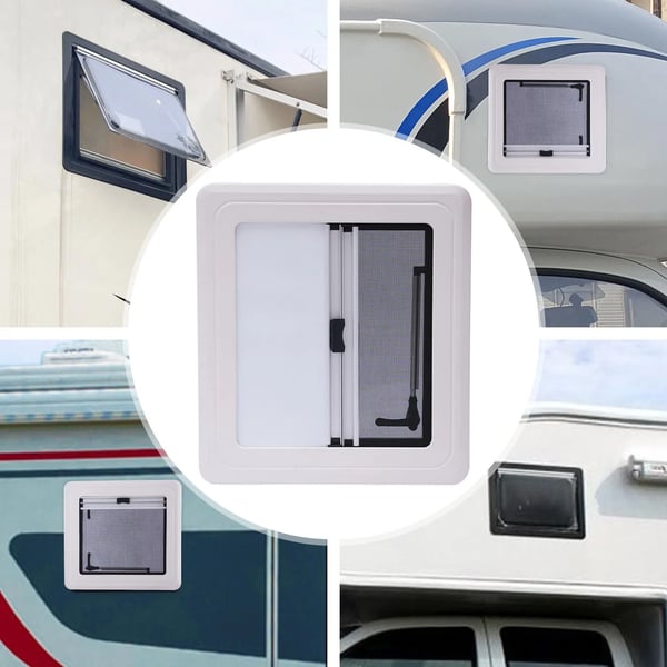 Campingvogn/Autocamper ventilationsvindue - Udsvingende - 450×500 mm - Integreret solskærm - Justerbar 70° - Aluminiumlegering - Sort