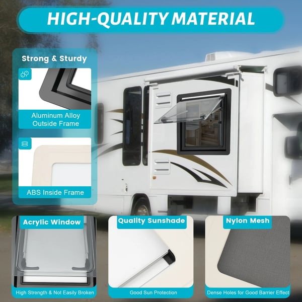 Campingvogn/Autocamper ventilationsvindue - Udsvingende - 450×500 mm - Integreret solskærm - Justerbar 70° - Aluminiumlegering - Sort