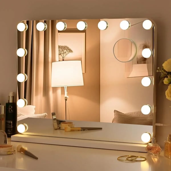 Hollywood meikkipeili - Valopeili - Himmennettävät LED-valot 15 kpl - Kolme valotilaa - Säädettävä kirkkaus - USB-portti - 50x40 cm - Valkoinen