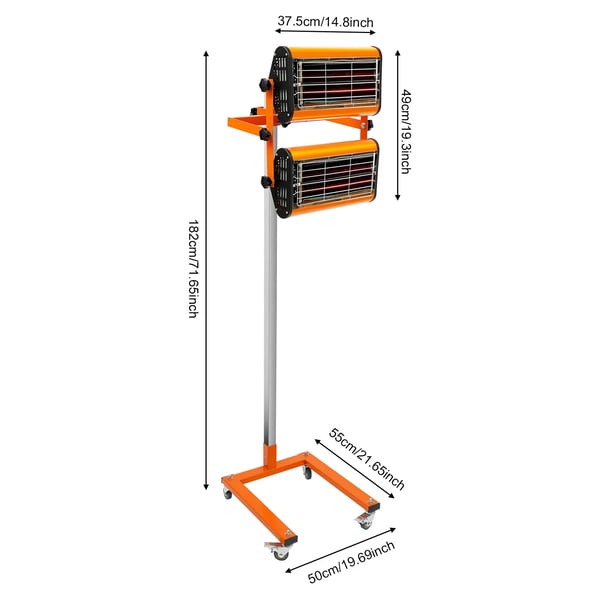 Infrarød lak- og malingstørrer - Stativmodel - 2×1000 W - 220 V - Tidsur 0–60 min - Orange