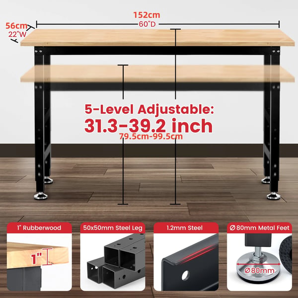 Työpenkki / Työpöytä - WB0102 152 cm - Raskas rakenne - Kumipuu-kansi - Puutöihin, autotalliin, verstaaseen, kotitoimistoon - Violetti