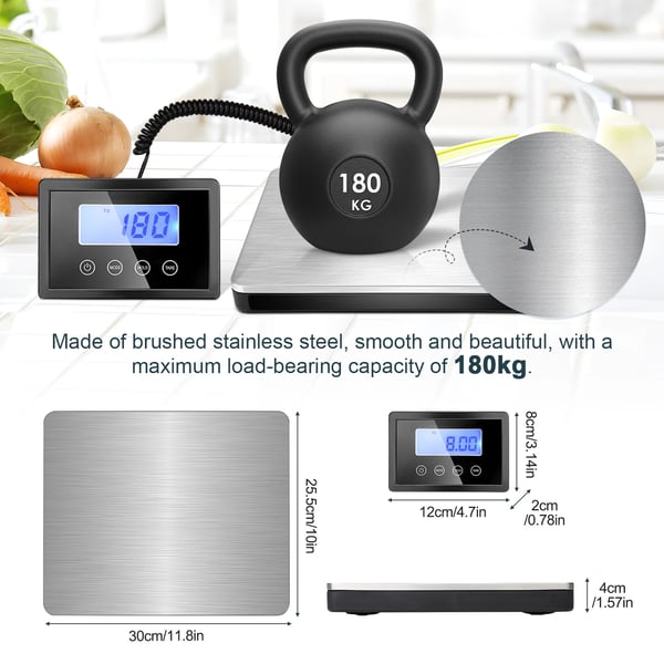 Platformvægt 180 kg/50 g, digital industrivægt, rustfri stålplatform, KG/LB/OZ, ekstern LCD-skærm med kabel, brun