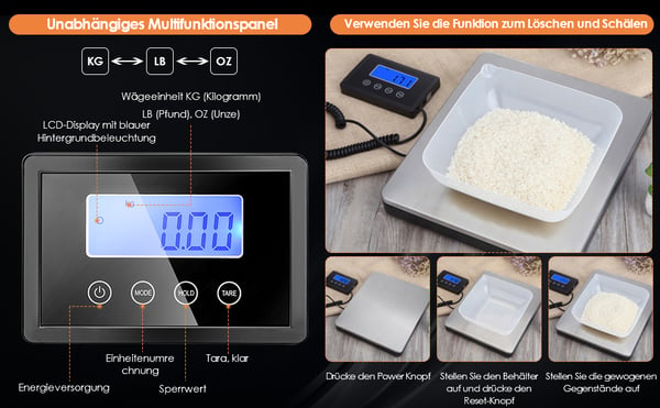 Platformvægt 180 kg/50 g, digital industrivægt, rustfri stålplatform, KG/LB/OZ, ekstern LCD-skærm med kabel, brun