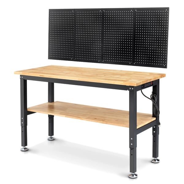 Työpenkki - WB0102 Plus - 152 cm - Metallinen reikälevy - Korkeussäädettävä - Kumipuun työtaso - EU-pistoke - Vihreä/Violetti