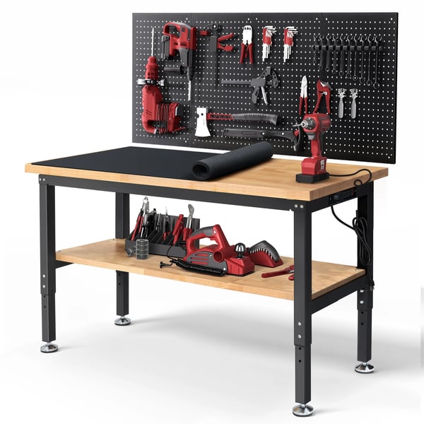 Työpenkki - WB0102 Plus - 152 cm - Metallinen reikälevy - Korkeussäädettävä - Kumipuun työtaso - EU-pistoke - Vihreä/Violetti