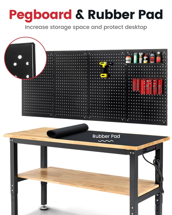Työpenkki - WB0102 Plus - 152 cm - Metallinen reikälevy - Korkeussäädettävä - Kumipuun työtaso - EU-pistoke - Vihreä/Violetti
