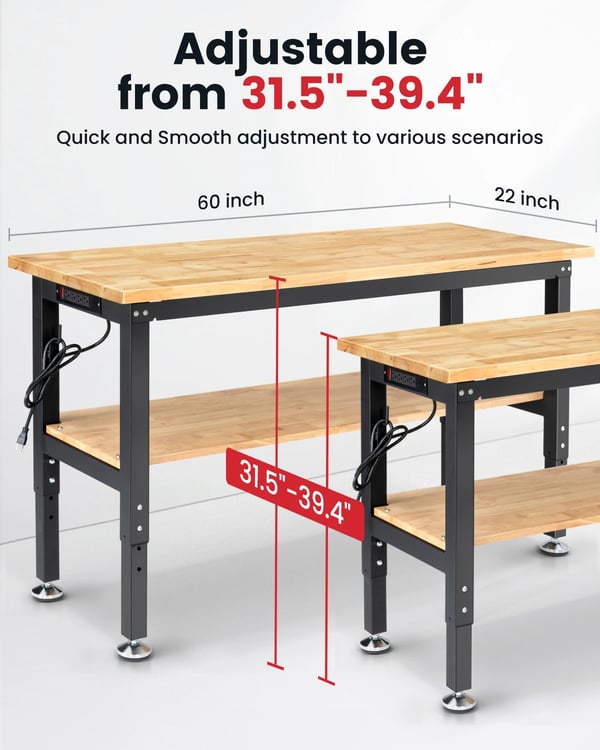 Työpenkki - WB0102 Plus - 152 cm - Metallinen reikälevy - Korkeussäädettävä - Kumipuun työtaso - EU-pistoke - Vihreä/Violetti
