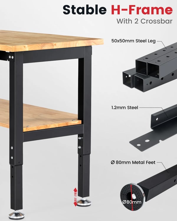Työpenkki - WB0102 Plus - 152 cm - Metallinen reikälevy - Korkeussäädettävä - Kumipuun työtaso - EU-pistoke - Vihreä/Violetti
