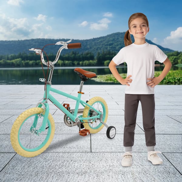 Børnecykel - Hjul 35,6 cm - Med støttehjul - Justerbar sadel & styr - Dobbelte bremser - Til 3–4 år - Grøn