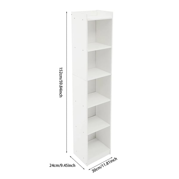 Bogreol - Opbevaringsreol - 5 Hylder - Mål 30×24×152 cm - MDF, 11 mm Pladetykkelse - Nem Montering - Hvid
