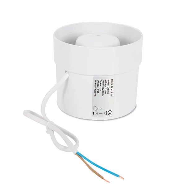 Ventilator - Kanalventilator - Diameter 10 cm - Luftmængde 100 m³/t - Støjniveau 34 dB - Hastighed 2400 rpm - Effekt 12 W 220 V 50 Hz - Hvid
