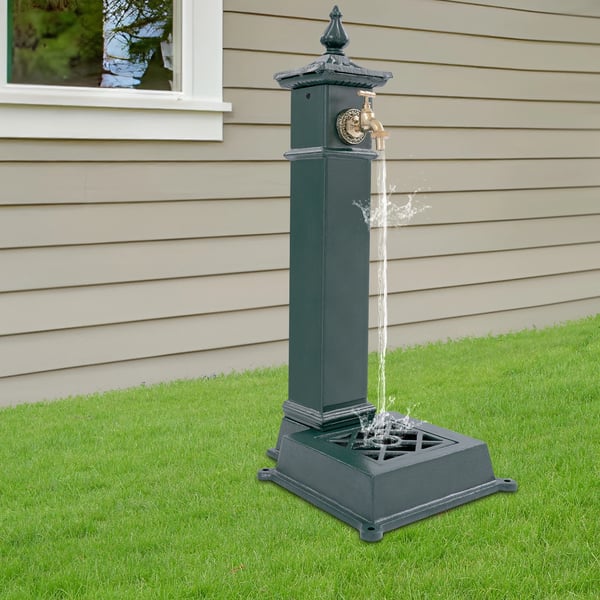 Udendørs havevandhane - Fritstående vandpost - Gulvmonteret - Rustbestandig - Støbejern/Stål - 30,5×33×73 cm - Bundindløb - Grøn